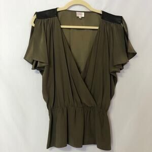 Parker Army Green Silk Wrap Front Blouse Peplum Womens S Flutter Sleeve Y2K